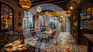 Colorful, Cozy Restaurant Interior With Vibrant Decor and Mosaic Tiles at Dusk