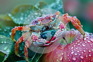 Colorful Crab on Dewy Leaf