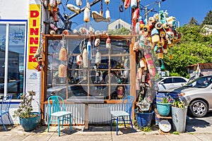 Colorful crab trap floats decorating a restaurant on the Oregon coast