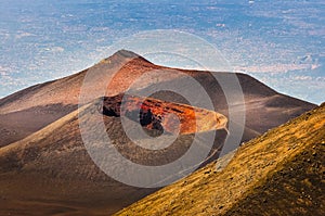 Colorful crater of Etna volcano with Catania in background, Sici