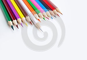 Colorful crayon pencils on white background with selected focus