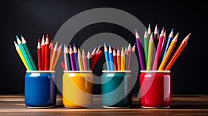 Colorful crayons in ceramic mug on wooden table.