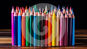 Colorful crayons in ceramic mug on wooden table.