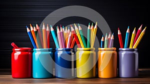 Colorful crayons in ceramic mug on wooden table.