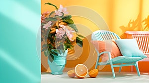 Colorful creative banner with wooden chair cushion flowers citrus fruits in pop art style. Orange pink blue green yellow color