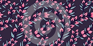 Colorful creative blossoms floral stems seamless pattern on a dark background. Abstract art branches with tiny leaves, flowers