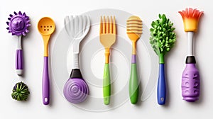 Colorful and Creative Kitchen Tools Displayed on White Background