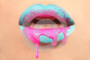 Colorful Creative Make Up on the Lips of a Fashion Model