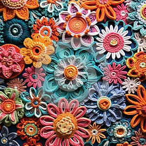 Colorful Crochet Flowers: Psychedelic Ceramic Tapestries In Dark Cyan And Orange