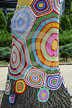 Colorful crochet knit on tree trunk in Kyiv, Ukraine. Street art goes by different names, graffiti knitting, yarn bombing.