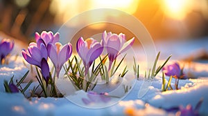 Colorful crocus flowers and grass growing from the melting snow.