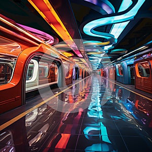 Colorful crossrail tunnel at night