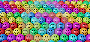 Colorful crowd of spherical happy face characters 3d render