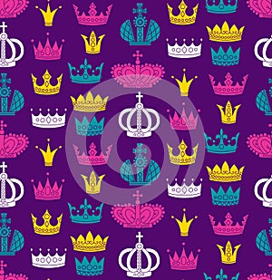 Colorful crowns silhouettes seamless vector pattern