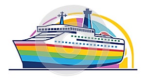 Colorful cruise ship with rainbow design on the ocean, modern vessel, stylized sea travel. LGBTQ-friendly cruise