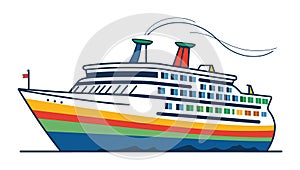 Colorful cruise ship at sea with smokestacks. Ocean liner floating on water, profile view. Maritime travel and vacation