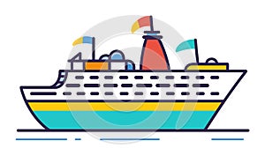 Colorful cruise ship at sea vector illustration. Travelling by boat, ocean liner voyage, nautical vessel