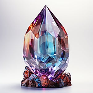 A colorful crystal on a rock on a white background