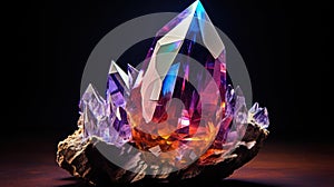 A colorful crystal is sitting on top of a rock, AI