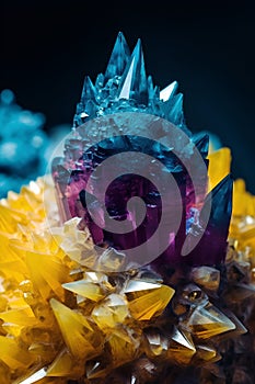 Colorful crystals of amethyst on a dark background close-up