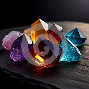 Colorful crystals of amethyst on a dark background. Macro.