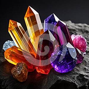 Colorful crystals of amethyst on a dark background. Macro.