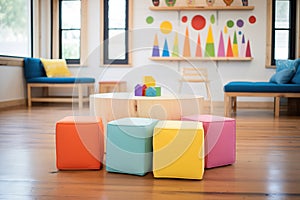 colorful cube poufs in a play area