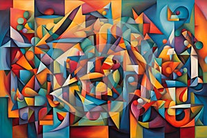 colorful cubist style abstract painting with complex geometric shapes