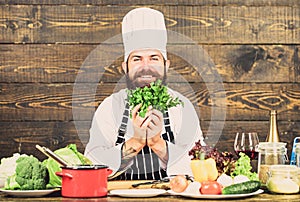 Colorful culinary. Happy bearded man. chef recipe. Dieting organic food. Cuisine culinary. Vitamin. Healthy food cooking