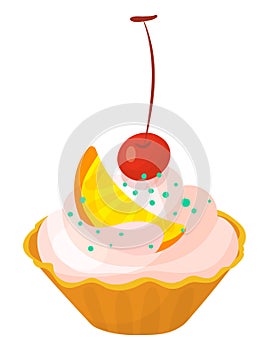 Colorful cupcake with pink frosting, a slice of orange and cherry on top. Delicious sweet dessert digital art. Cute
