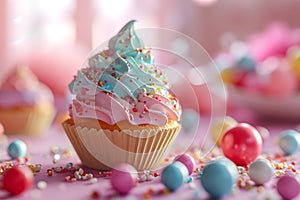 Colorful Cupcake with Sprinkles and Candy.