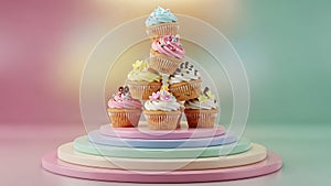 Colorful Cupcake Tower with Sprinkles and Icing on Pastel Platform