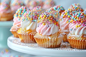 Colorful cupcakes with swirled pink and white frosting topped with generous amount of multi-colored sprinkles presented