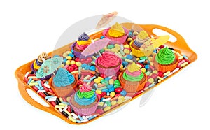 Colorful cupcakes on a tray