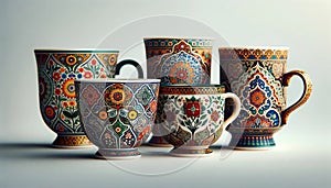 Colorful cups showcasing porcelain drinkware with Persian patterns