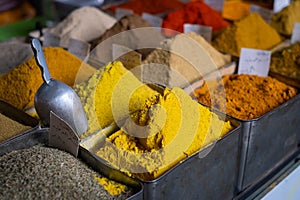 Colorful curry and spices on food market, Suq, Damascus