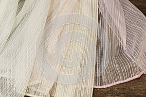 Colorful curtain fabric samples. Multiple color fabric texture samples selection fabrics for interior decoration. Curtains, tulle