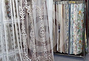 Colorful curtain samples hanging