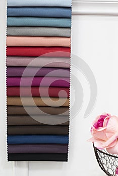 Colorful curtains fabric pattern palette texture samples as abstract textile background. Handmade, clothes and furniture