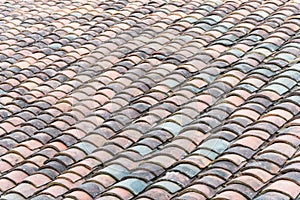 Colorful curved clay tiled roof from ancient house in the North Vietnam