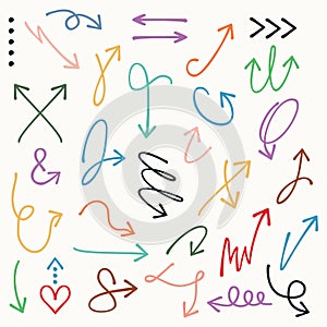 Colorful curvy and odd shape hand drawn direction arrows and pointers set on off white