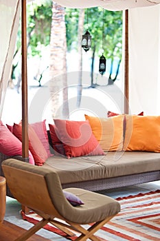 Colorful cushions on the outdoor lounge