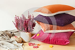 Colorful cushions throw cozy home autumn mood flower