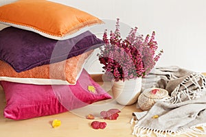 Colorful cushions throw cozy home autumn mood flower