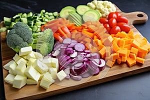 colorful cut vegetables on a wooden chopping board