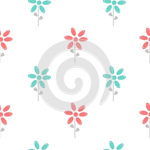 Colorful cute abstract daisy flowers blue and red seamless pattern background illustration