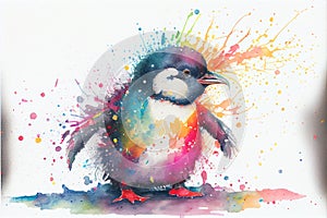 Colorful cute baby penguin watercolor painting