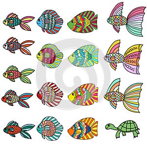 Colorful cute cartoon doodle fish set. Hand drawn thin line tropical aquarium fish and turtle icon collection isolated on white