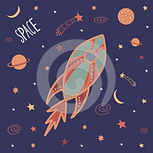 Colorful cute cartoon doodle rocket in outer space. Galaxy pattern for prints on t-shirt, fabric, paper. Vector stock