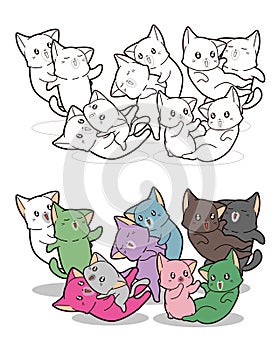 Colorful cute cats cartoon coloring page for kids